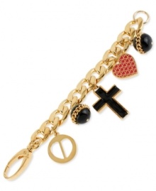 Cross your heart and hope to try this multi-charm bracelet from Betsey Johnson. It's crafted from gold-tone mixed metal with metal beads prominently placed and dressed with gold-tone details. Approximate length: 7-1/2 inches.