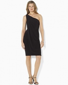 The epitome of chic sophistication in a ruched one-shoulder silhouette, this dress is tailored from slinky matte jersey with draped detailing for a dramatic effect. The epitome of chic sophistication in a ruched one-shoulder silhouette, this dress is tailored from slinky matte jersey with draped detailing for a dramatic effect.