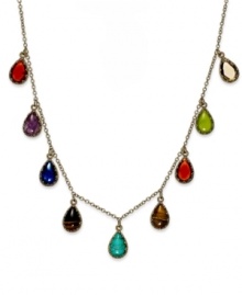 Bezel-set beads captivate on this Lauren Ralph Lauren necklace. Showcasing teardrop-shaped semi-precious tiger's eye and amethyst beads. Crafted in gold tone mixed metal. Approximate length: 18 inches. Approximate drop: 1/2 inch.