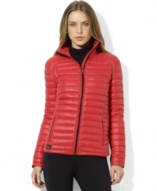 Turn cold-weather days into cozy days with Lauren Ralph Lauren's sporty lightweight down-filled jacket, styled with a protective mockneck. Turn cold-weather days into cozy days with Lauren Ralph Lauren's sporty lightweight down-filled jacket, styled with a protective mockneck.