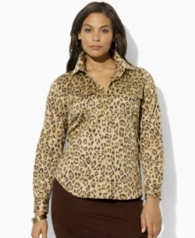 A bold animal print and a smart tailored fit lend feminine elegance to Lauren Ralph Lauren's classic plus size menswear workshirt.