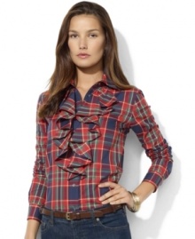 Lauren Ralph Lauren's classic cotton workshirt gets an ultra-feminine update with cascading ruffles, shiny faceted buttons and a preppy plaid pattern for a chic look.