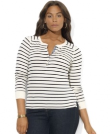 Lauren Ralph Lauren's classic striped crewneck plus size Henley is accented by unexpected elements of chambray at the placket and a charming patch pocket.