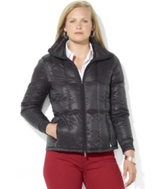 Crafted in a sleek microfiber with down filling, Lauren Ralph Lauren's jacket provides stylish protection against the elements with a stand collar and chic hardware.