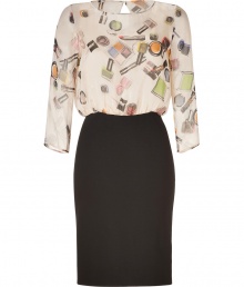 Take a sartorial stance on style in Moschino C&Cs make-up printed silk sheath, a flirty choice perfect for putting a fun spin on your lady-chic looks - Fitted waist, 3/4 sleeves, slit back with a button closure at the nape, exposed lining with hidden back zip - Loosely fitted bodice, form-fitting skirt - Wear with statement heels and a quilted clutch for cocktails