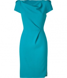 Add a high style kick to your cocktail-ready look with this ultra-chic teal sheath from London It designer Roksanda Ilincic - Draped cowl neckline, short sleeves, pleat detail at front and back waistline, full metal exposed side zip - Modern tailored fit - Wear with pointy-toe pumps and a statement clutch