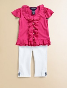 Layered ruffles embellish this ultra-soft button-front top that features girly flutter sleeves for a playful touch.ScoopneckShort flutter sleevesFront button-loop placketLayered ruffle trim along neck, buttons and hem60% cotton/40% polyesterMachine washImported Please note: Number of buttons may vary depending on size ordered. Layered ruffles embellish this ultra-soft button-front top that features girly flutter sleeves for a playful touch.ScoopneckShort flutter sleevesFront button-loop placketLayered ruffle trim along neck, buttons and hem60% cotton/40% polyesterMachine washImported Please note: Number of buttons may vary depending on size ordered.
