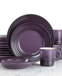 The dinnerware set that has it all. Crafted for durability and ease of use but with a brilliant enamel finish to redefine the table, Le Creuset place settings lend smart, enduring style to everyday dining. Featuring a three-ring design in rich cassis. The dinnerware set that has it all. Crafted for durability and ease of use but with a brilliant enamel finish to redefine the table, Le Creuset place settings lend smart, enduring style to everyday dining. Featuring a three-ring design in rich cassis.