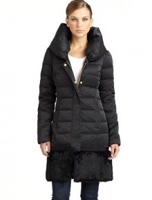 THE LOOKShawl collarConcealed snap and zip frontLong sleevesDual front zip pocketsRemovable rabbit fur hem with zip closureTHE FITAbout 36 from shoulder to hemTHE MATERIALShell: polyesterFill: down/waterfowl feathersFur: dyed rabbit furFully linedCARE & ORIGINDry cleanImportedFur origin: ChinaModel shown is 5'11 (180cm) wearing US size Small. THE LOOKShawl collarConcealed snap and zip frontLong sleevesDual front zip pocketsRemovable rabbit fur hem with zip closureTHE FITAbout 36 from shoulder to hemTHE MATERIALShell: polyesterFill: down/waterfowl feathersFur: dyed rabbit furFully linedCARE & ORIGINDry cleanImportedFur origin: ChinaModel shown is 5'11 (180cm) wearing US size Small.