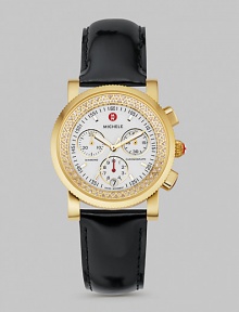 From the Sport Sail Collection. Sparkling diamond pavé and glossy patent leather create a sleek, modern time piece.Swiss quartz movement Water resistant to 5 ATM Diamond pavé bezel, 0.46 tcw Gold plated round case, 38mm, (1.49) Sapphire crystal White chronograph dial Index hour markers Second hand Patent leather strap, 20mm, (.79) Imported From the Sport Sail Collection. Sparkling diamond pavé and glossy patent leather create a sleek, modern time piece.Swiss quartz movement Water resistant to 5 ATM Diamond pavé bezel, 0.46 tcw Gold plated round case, 38mm, (1.49) Sapphire crystal White chronograph dial Index hour markers Second hand Patent leather strap, 20mm, (.79) Imported