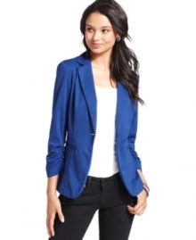 Create a colorful finish to your day or night ensemble with this electric, three-quarter sleeve blazer from BCX!