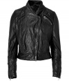 Luxe, fine-patterned leather - Feminine interpretation of the narrow, short biker cut - Covered asymmetric zipper and short stand collar - Long arms with wrist zippers - Decorative, exposed zipper at back - Must-have jacket to bring style to chic or casual outfits day and night