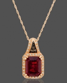 Exquisite craftsmanship with gorgeous color. This Le Vian pendant features emerald-cut ruby (3-5/8 ct. t.w.) and round-cut diamond (1/8 ct. t.w.) set in 14k rose gold. Approximate length: 18 inches. Approximate drop: 3/4 inches. Exquisite craftsmanship with gorgeous color. This Le Vian pendant features emerald-cut ruby (3-5/8 ct. t.w.) and round-cut diamond (1/8 ct. t.w.) set in 14k rose gold. Approximate length: 18 inches. Approximate drop: 3/4 inches.