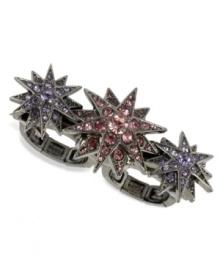 Shine like a star. Betsey Johnson's two-finger stretch ring is crafted from hematite-tone mixed metal with colorful glass crystal accents providing the sparkle. Shine like a star. Betsey Johnson's two-finger stretch ring is crafted from hematite-tone mixed metal with colorful glass crystal accents providing the sparkle.
