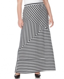 Score two of the season's hottest trends all in one look with ING's plus size maxi skirt, showcasing a striped pattern!