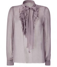 Elegant lilac silk ruffled tie-neck top - This super feminine top adds instant chic to any outfit - Delicate ruffled neckline and adorable tie-neck style - Style with a pencil skirt, stockings, and simple pumps - Wear with skinny jeans, a blazer, and platform heels for instant glamour