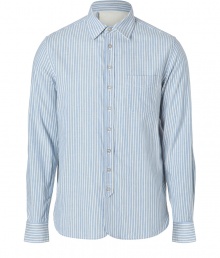 The classic shirt gets an easy-chic remix in Rag & Bones partial button-down, finished with casual stripes for that laid-back edge - Classic collar, long sleeves, buttoned cuffs, partial button-down front placket, shirttail hemline - Classic straight fit - Wear with slim trousers and edgy boots, or over jeans with cardigans for casual weekends The classic shirt gets an easy-chic remix in Rag & Bones partial button-down, finished with casual stripes for that laid-back edge - Classic collar, long sleeves, buttoned cuffs, partial button-down front placket, shirttail hemline - Classic straight fit - Wear with slim trousers and edgy boots, or over jeans with cardigans for casual weekends