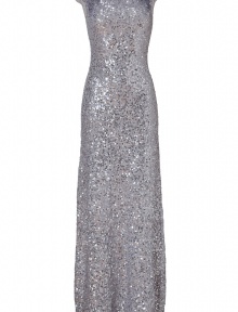 With a shimmer of allover sequinning and figure-hugging fit, Jenny Packhams sliver evening gown is as eye-catching as it is exquisite - Wide neckline, cap sleeves - Form-fitting top, softly draped skirt - Wear with flawless platform pumps and a statement metallic box clutch