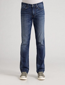 Essential casual comfort in gently distressed, slightly worn-in denim with a slim fit. Five-pocket style Zip fly Inseam, about 33 98% cotton/2% elastene; machine wash Imported
