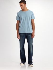 A relaxed look with a super-soft, drapey fit in dark-washed denim. Gentle fading lends a worn-in look and feel. Five-pocket style Button fly Inseam, about 33 12-ounce cotton denim Machine wash Made in USA A relaxed look with a super-soft, drapey fit in dark-washed denim. Gentle fading lends a worn-in look and feel. Five-pocket style Button fly Inseam, about 33 12-ounce cotton denim Machine wash Made in USA