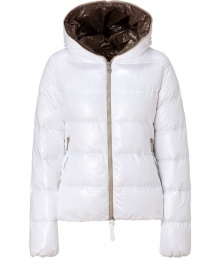 Stay warm while maintaining your impeccable style in this sporty, lightweight down jacket from Duvetica - Hooded, front zip closure that extends to the hood for decorative effect, long sleeves, zip pockets, quilted - Wear with an elevated jeans-and-tee ensemble and shearling lined boots