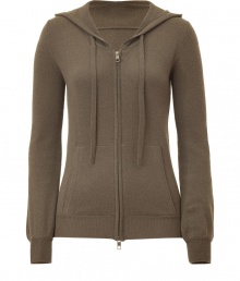 Raise the bar on contemporary classics with Closeds hazelnut-hued cashmere knit hoodie - Slim cut, zip up style, with a drawstring hood, banded waist and front kangaroo pocket - Extra-long sleeves bell gently at cuffs - Casually cool, great for everyday leisure in lieu of a traditional pullover or sweatshirt - Pair with a miniskirt, shorts, or cuffed boyfriend jeans