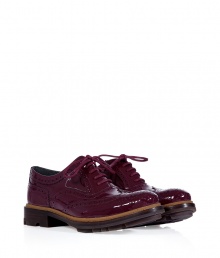 Borrowed-from-the-boys styling get a liquidy luxe remake in Jil Sanders soft bordeaux patent leather brogues, detailed with a thick lug sole for that edgy urban feel - Rounded toe, tonal rounded cotton laces, cream stitched natural leather welt, chocolate stacked leather heel, tonal rubber lug sole - Perfect for giving modern-minimalist looks a rich color infusion