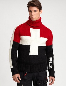 Bold color-blocking lends athletic appeal to a comfortable jersey-knit sweater with an embroidered RLX at the sleeve for an iconic finish.TurtleneckRibbed knit collar, cuffs and hem45% wool/30% acrylic/25% alpacaDry cleanImported