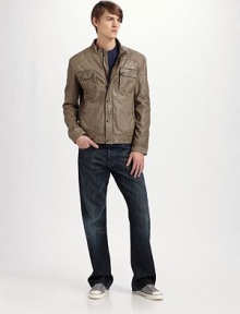 Superior style with heritage inspiration in washed Italian leather, finished with trucker-style flap pockets and reinforced elbow patches. Zip front with snap storm flap Stand collar Chest patch, waist zip pockets Adjustable back tabs Cotton twill lining About 26 from shoulder to hem Leather Dry clean Imported Superior style with heritage inspiration in washed Italian leather, finished with trucker-style flap pockets and reinforced elbow patches. Zip front with snap storm flap Stand collar Chest patch, waist zip pockets Adjustable back tabs Cotton twill lining About 26 from shoulder to hem Leather Dry clean Imported