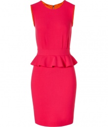 A head-turning hue and ruffle embellishment make this bright pink Emilio Pucci wool stretch dress a stylish standout - Slim cut, sleeveless sheath style with a round neck - Pencil skirt hits above the knee - On trend, peplum embellishment at banded waist - Full zip at back - Polished and sexy, seamlessly transitions from work to  cocktails, parties and dinner - Pair with a cropped leather jacket or blazer and style with platform pumps and a clutch