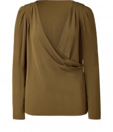 Polished, professional-looking blouse in pure golden-olive silk - Features a flattering, comfortable cut that is trendy and elegant - Narrow silhouette with wrap-draping and plunging v-neckline - Fashionable read at shoulders and long sleeves - Great with suit pants and heels or a pencil skirt and boots