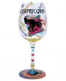 Stars align in the Capricorn wine glass. A hand-painted design as unique as your sign illustrates your personality--passionate, loyal, chic--in bright, fun hues and sparkling rhinestones. With a special drink recipe on its base. Stars align in the Capricorn wine glass. A hand-painted design as unique as your sign illustrates your personality--passionate, loyal, chic--in bright, fun hues and sparkling rhinestones. With a special drink recipe on its base.