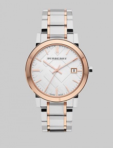 Sleek stainless steel and warm rose goldtone accents with a check stamped dial. Quartz movementWater resistant to 5 ATMRound stainless steel case, 38mm (1.5)Smooth rose goldtone bezelSilver check stamped dialBar hour markersDate display at 3 o'clockSecond hand Two-tone stainless steel link braceletMade in Switzerland Sleek stainless steel and warm rose goldtone accents with a check stamped dial. Quartz movementWater resistant to 5 ATMRound stainless steel case, 38mm (1.5)Smooth rose goldtone bezelSilver check stamped dialBar hour markersDate display at 3 o'clockSecond hand Two-tone stainless steel link braceletMade in Switzerland