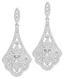 Antique appeal. A Victorian-inspired fan silhouette stands out on these elegant drop earrings from Eliot Danori. Embellished with glittering clear crystals and cubic zirconias (1 ct. t.w.), they're crafted in silver tone mixed metal. Approximate drop: 1-1/2 inches. Antique appeal. A Victorian-inspired fan silhouette stands out on these elegant drop earrings from Eliot Danori. Embellished with glittering clear crystals and cubic zirconias (1 ct. t.w.), they're crafted in silver tone mixed metal. Approximate drop: 1-1/2 inches.