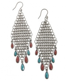 Geometric glam! Lucky Brand's diamond-shaped drop earrings feature a linked design adorned with coral and turquoise plastic beading. Set in silver tone mixed metal, they're nickel-free for sensitive skin. Approximate length: 3-1/2 inches.