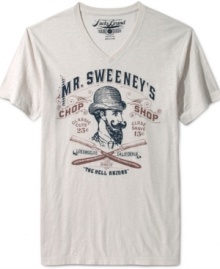 Right now, a vintage T-shirt looks like the most modern thing to wear with your jeans. Here, Lucky Brand celebrates the trend by printing the faux-old logo of Mr. Sweeney's Chop Shop on a V-neck tee.