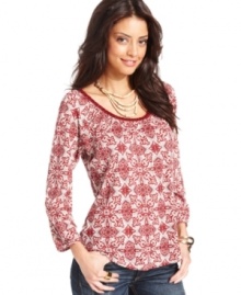 A beaded and textured neckline adds pop to this Lucky Brand Jeans top -- perfectly paired with your fave denim!