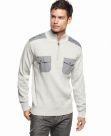 Ivy League meets military in this fresh pull-over sweater from Marc Ecko Cut & Sew. Contrast pocket and shoulder detailing lend a hint of color that coordinates with any getup. Ivy League meets military in this fresh pull-over sweater from Marc Ecko Cut & Sew. Contrast pocket and shoulder detailing lend a hint of color that coordinates with any getup.