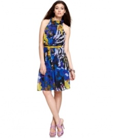 This body-skimming silhouette by M60 Miss Sixty is brightened by a vibrant floral-meets-animal print and a bold skinny belt that amplifies the look. Pick a sky-high heel to wear with this dress for maximum impact.