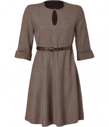 Sophisticated dress in wool blend uses masculine lines to create a feminine, flattering look - Features a keyhole neckline, half-sleeves with cuffs and a skirt with moment - Leather belted waist creates a professional look and flattering profile - Wear to the office with heels and a favorite leather bag, or on the weekends with flats and structured shopper