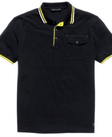 Brighten up. Sean John turns on the corners of this polo shirt with a stripe of hot color. Brighten up. Sean John turns on the corners of this polo shirt with a stripe of hot color.