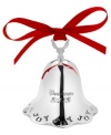 Towle makes it merry with the 33rd annual bell ornament. Radiant silver plate is engraved with Christmas 2012, finished with a scalloped edge and pierced with words of joy.