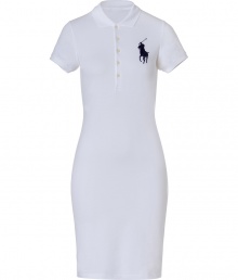 Stylish dress in fine white cotton stretch - A casual classic from cult label Polo Ralph Lauren - Traditional, button down polo style with small collar and short sleeves - Oversize decorative embroidered logo at chest - Slim skirt hits just above the knees - Fitted cut creates a particularly flattering silhouette - A sporty-chic go-to in any wardrobe ideal for work and play - Pair with a cropped cardigan and strappy sandals, or layer with a blazer and style with ballet flats