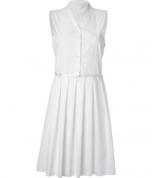 Work a sweet edge into your warm weather staples with Jil Sander Navys dotted daisy cotton shirtdress - Notched collar, sleeveless, partial button-down front, satin trim around the waist, full pleated skirt, hidden side zip, allover cut-out center dotted daisies - Tailored fit - Wear with peep-toes and a chain-detailed clutch