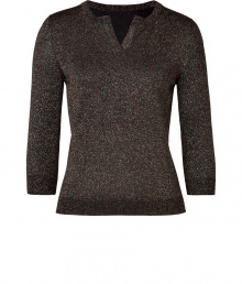 Subtly glamorous with a hint of sparkle, this top is an elegant piece for your work wardrobe - Designed in a fine, black wool blend - Elegant gloss finish - Slim silhouette is fitted with a round neck and slit, and 3/4-length sleeves - Wear with suit pants, leather pants or a pencil skirt Subtly glamorous with a hint of sparkle, this top is an elegant piece for your work wardrobe - Designed in a fine, black wool blend - Elegant gloss finish - Slim silhouette is fitted with a round neck and slit, and 3/4-length sleeves - Wear with suit pants, leather pants or a pencil skirt