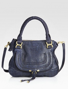 A versatile shape of genuine python and calfskin leather, with matte gold tone hardware and tennis-wrapped top handles. Double tonal top handles, 5 dropDetachable shoulder strap, 18½ dropTop zip closureHidden open pocket under flapOne inside zip pocketOne inside open pocketCotton lining13¾W X 10¾H X 4½DMade in Italy A versatile shape of genuine python and calfskin leather, with matte gold tone hardware and tennis-wrapped top handles. Double tonal top handles, 5 dropDetachable shoulder strap, 18½ dropTop zip closureHidden open pocket under flapOne inside zip pocketOne inside open pocketCotton lining13¾W X 10¾H X 4½DMade in Italy