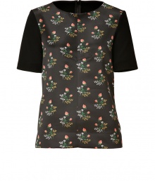 Modern-vintage looks get a finish of immaculate tailoring in Derek Lams floral print top, styled with a black back and sleeves for a chic minimalist twist - Rounded neckline, short sleeves, hidden back zip, tailored fit - Pair with the matching skirt and sleek ankle boots