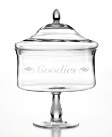 Etched with Goodies, this pretty glass candy dish elevates sweet treats to delectable new heights. From Martha Stewart Collection. Etched with Goodies, this pretty glass candy dish elevates sweet treats to delectable new heights. From Martha Stewart Collection.