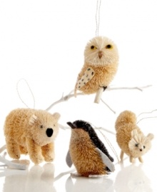 In from the cold. Crafted of natural buri, these snow-white creatures bring a bit of arctic cool to your Christmas tree. Featuring polar bear, snow owl, arctic fox and penguin ornaments, all from Martha Stewart Collection. In from the cold. Crafted of natural buri, these snow-white creatures bring a bit of arctic cool to your Christmas tree. Featuring polar bear, snow owl, arctic fox and penguin ornaments, all from Martha Stewart Collection.