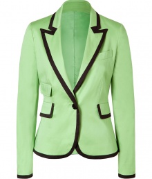 Eye-catching in green with bold black trim, Moschino C&Cs two-tone blazer is a fun way to add a fashion-forward edge to work looks - Peaked lapel, long sleeves, buttoned cuffs, flap pockets, single front button closure - Sharply tailored fit - Wear with a crisp button-down and matching trousers, or over a tailored sheath dress with sleek high-heels